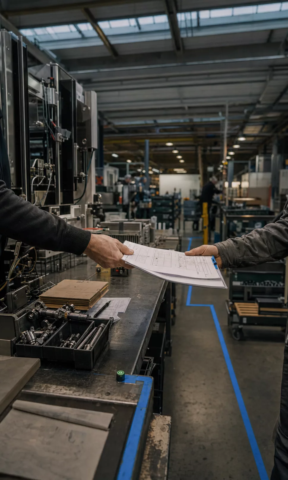 Dos operarios entregan una orden de producción sobre una línea industrial real y trazable