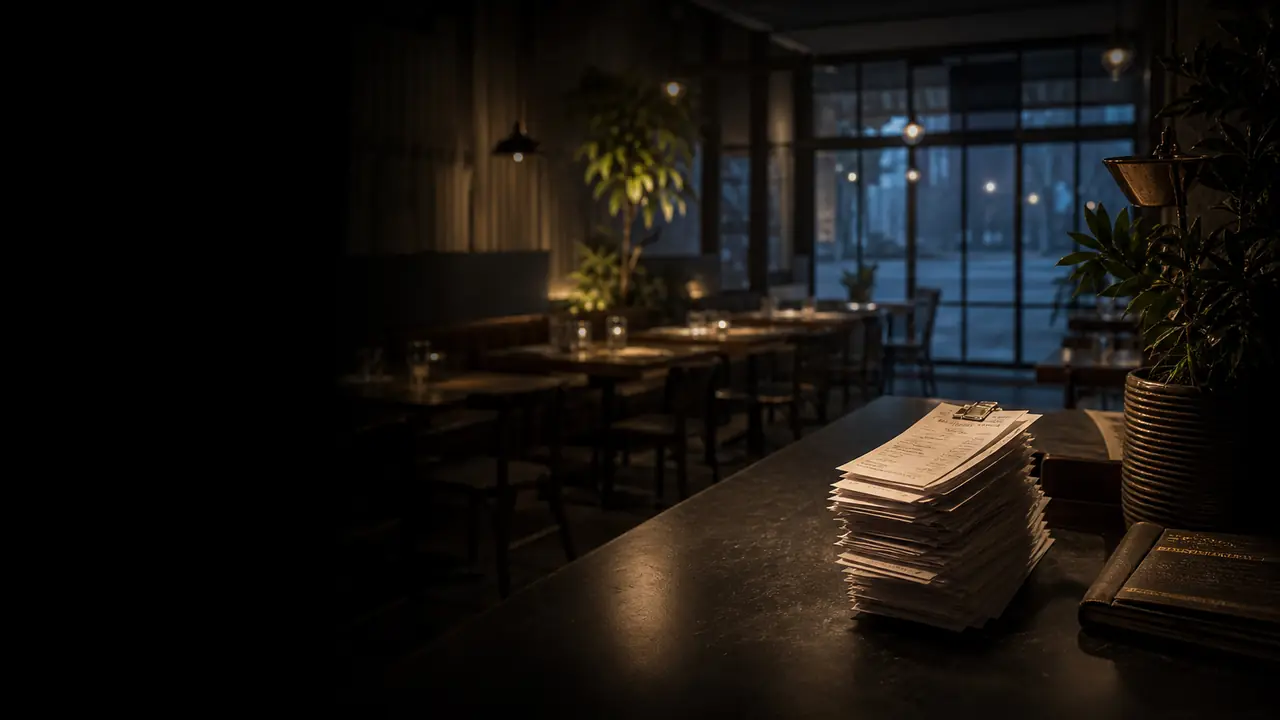 Restaurante vacío tras el servicio con documentos ordenados en el mostrador.
